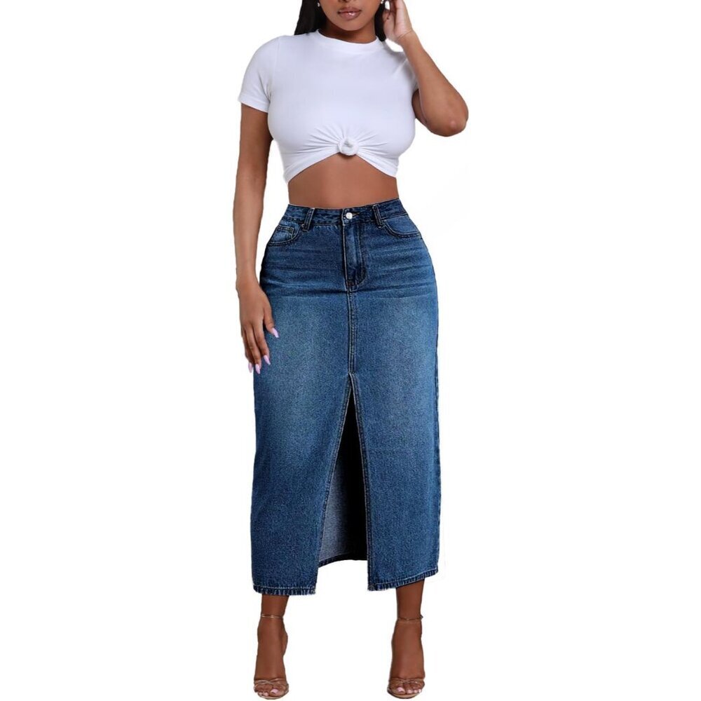Denim Skirt Women High Waist Midi Pockets Casual Office Versatile